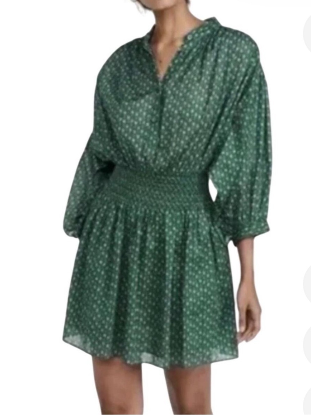 Rebecca Taylor Forest Green Printed Smocked-Waist Dress